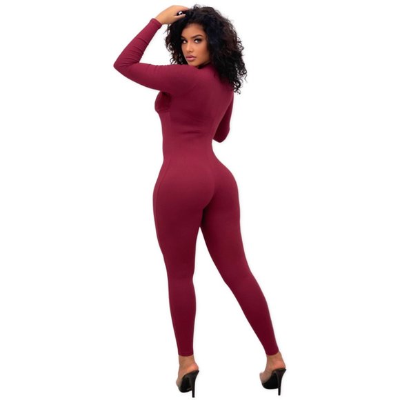 THEA FRONT ZIPPER LONG SLEEVE JUMPSUIT - BURGUNDY - Picture 4 of 4